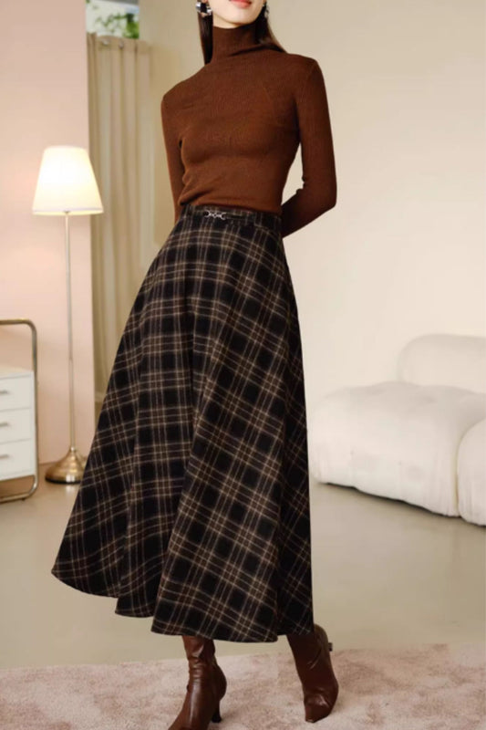 Vintage inspired long plaid winter wool skirt 5416