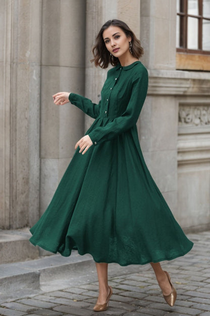 Green Linen Fit and Flare Midi Dress - Collared Neck with Pockets 5750