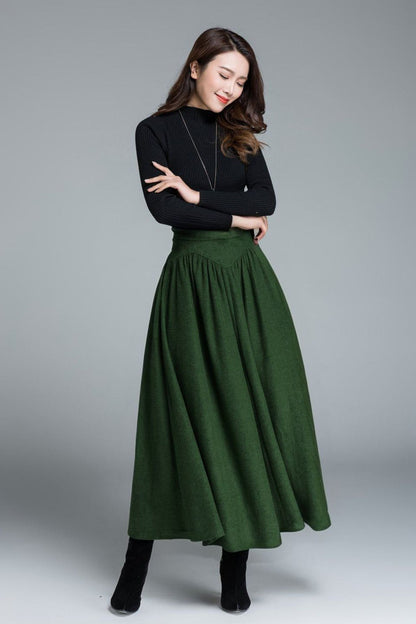 Green Wool Blend Maxi Skirt – Handmade Vintage High Waist Pleated Winter Elegance 5228