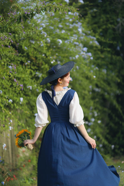 Blue Linen Cotton Pinafore Dress with Deep V-Neck and Swing Silhouette – Xiaolizi