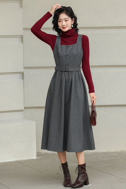 Gray Wool Midi Dress - Sleeveless Swing Silhouette with Belt 6427