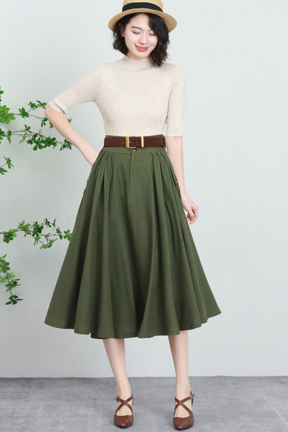Army Green Linen Blend Midi Skirt - High-Waisted A-Line Swing 5729
