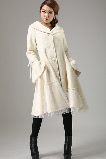White Wool Blend Coat - Flared Bell Sleeve with Sheer Hem 725