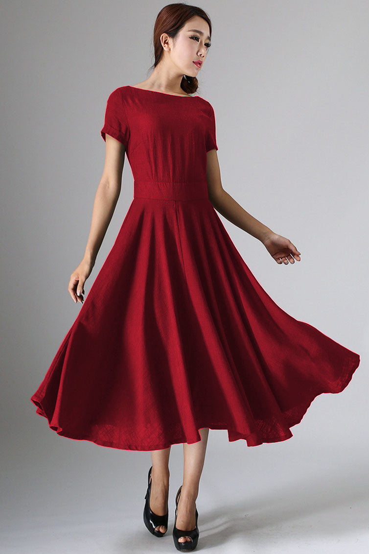 Xiaolizi Red Linen Midi Dress – Vintage Boat Neck Fit and Flare Dress 6284
