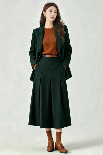 Vintage Dark Green Wool Swing Midi Skirt - High Waist A-Line Skirt 7014
