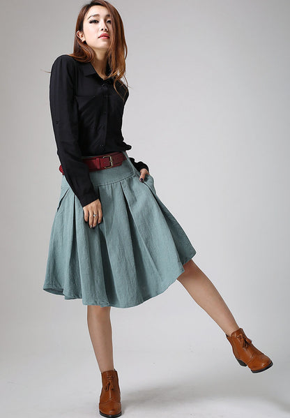 Handmade Dusty Teal Linen Pleated A-Line Skirt – Vintage Knee-Length | Xiaolizi 915