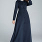 Navy blue maxi wool coat with hood 1637#