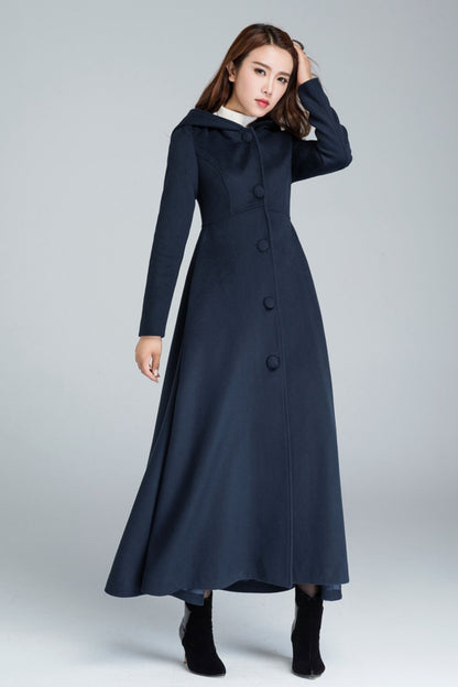Handmade Blue Wool Coat – Vintage Inspired Hooded Maxi Overcoat 1637