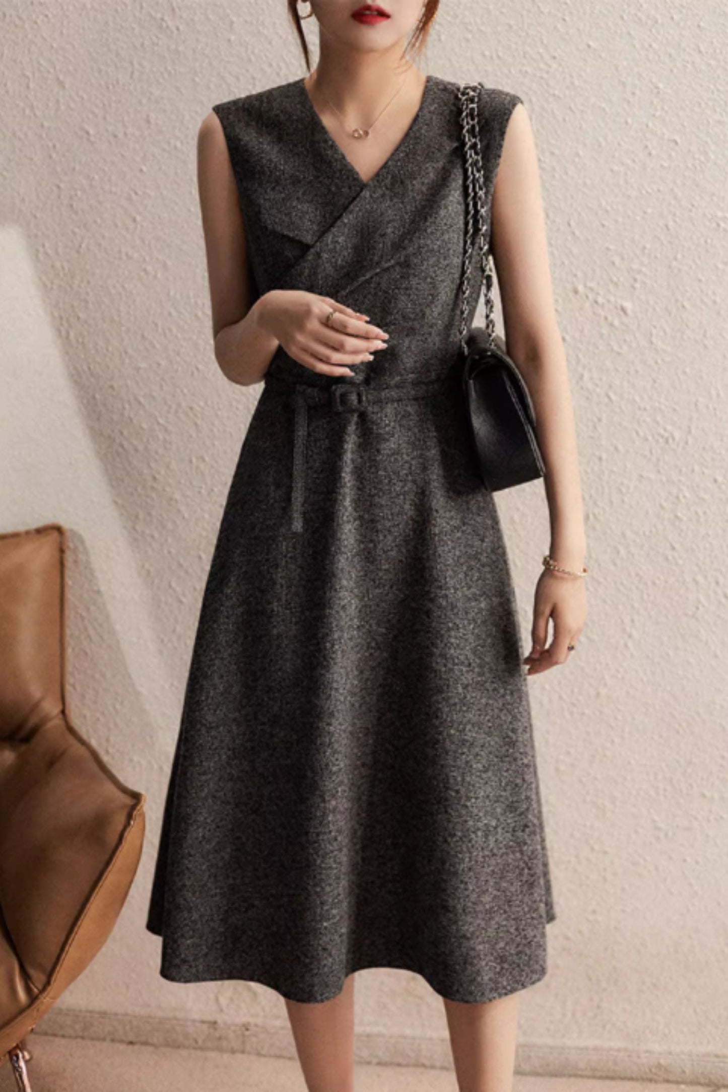 Gray sleeveless winter wool dress women 5277