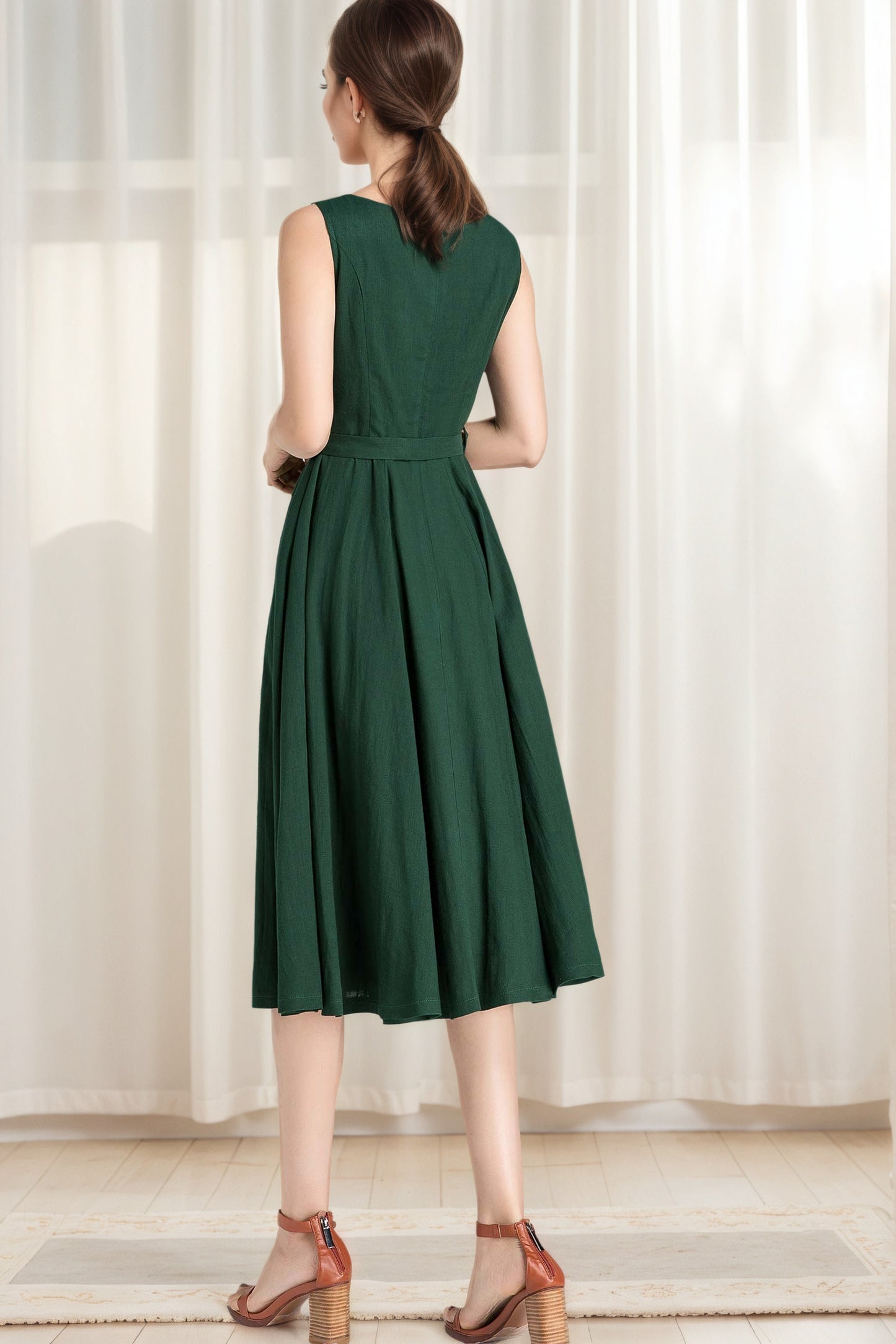 Green Linen Fit and Flare Dress – Vintage Sleeveless Midi 6624