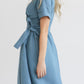 Blue midi linen wrap dress women HY0011