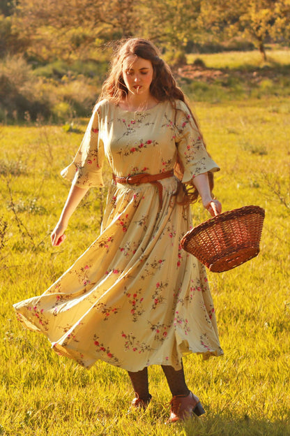 Floral Midi Linen Dress - Fit and Flared, Pleated Waist 3486