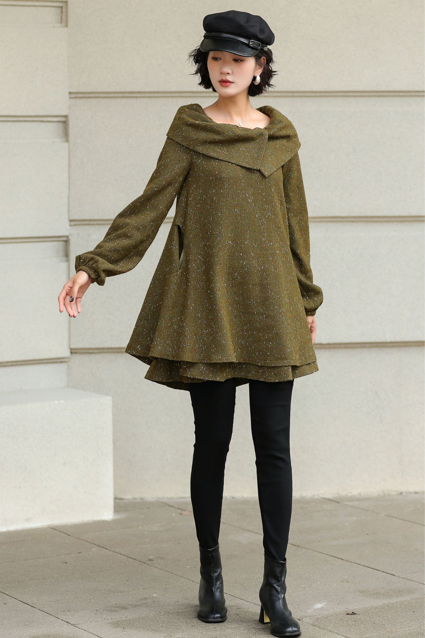 Handmade Wool Blend Tunic Coat – Vintage-Inspired Oversized Collar for Fall/Winter | Xiaolizi 6513