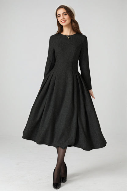 Handmade Black Wool Blend Midi Dress – Elegant Pleated Fit & Flare with Long Sleeves 6524