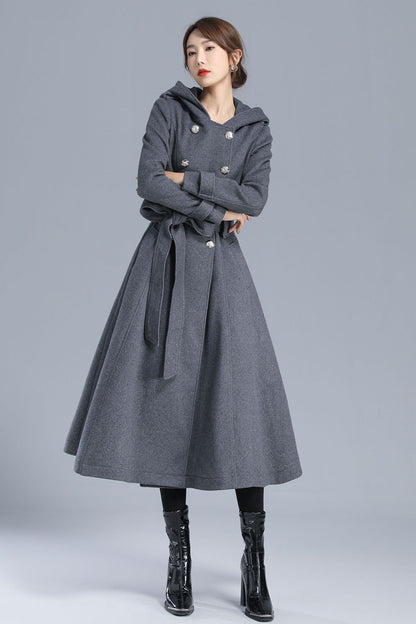 Gray Wool Coat Midi with Hood - Double Breasted Military Style 3213