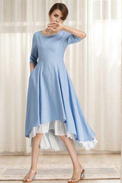 Blue Linen High-Low Swing Dress – Vintage Chiffon Ruffle Hem Midi 6628