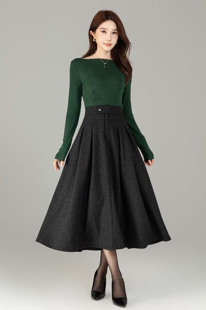 Xiaolizi Classic Pleated Wool-Blend A-Line Midi Skirt – Plus-Size Winter Black 6503