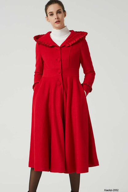 Vintage-inspired red hooded wool overcoat featuring a flared midi silhouette