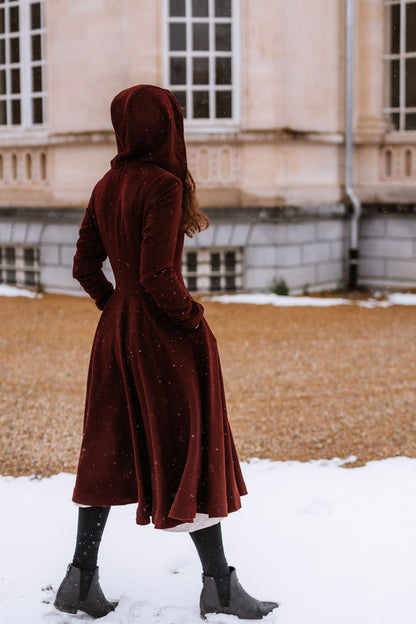 Burgundy Hooded Wool Coat – Romantic Fit & Flare Winter Midi | Xiaolizi 3424