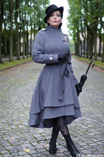 Grey Long Winter Wool Coat Women 2408