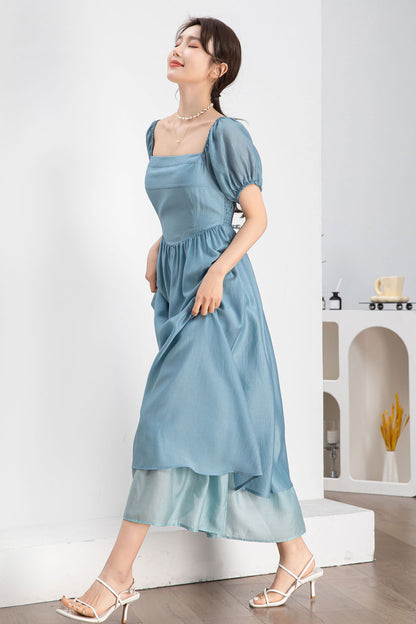 Light Blue Terylene Midi Dress - Square Neckline & Puff Sleeves 4244