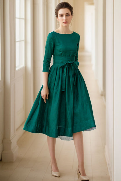 Emerald Green Linen Dress - Fit and Flare A-Line Midi 5067