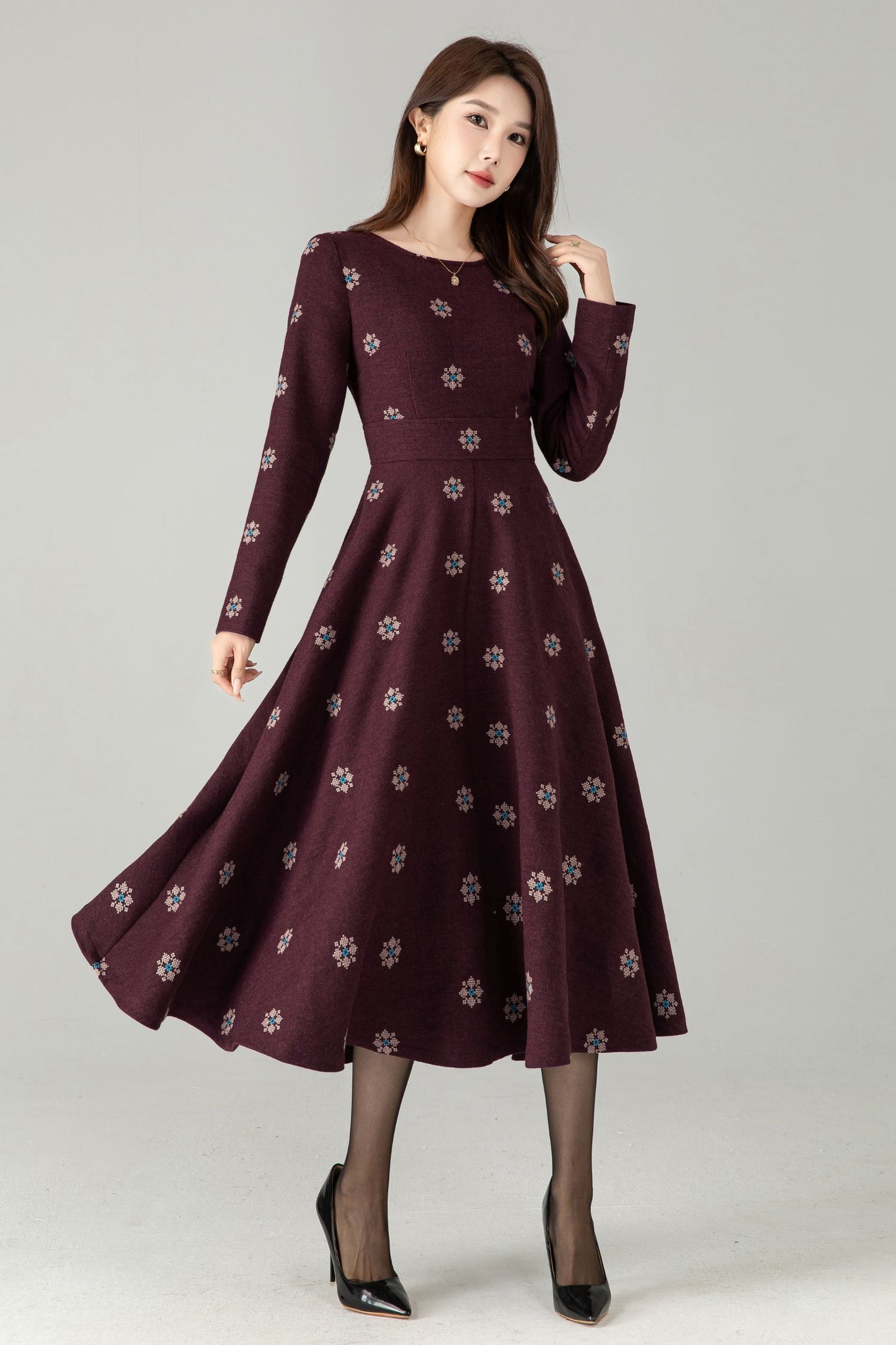 Burgundy Embroidered Wool Midi Dress – Fit & Flare Winter Swing Dress | Xiaolizi 6569