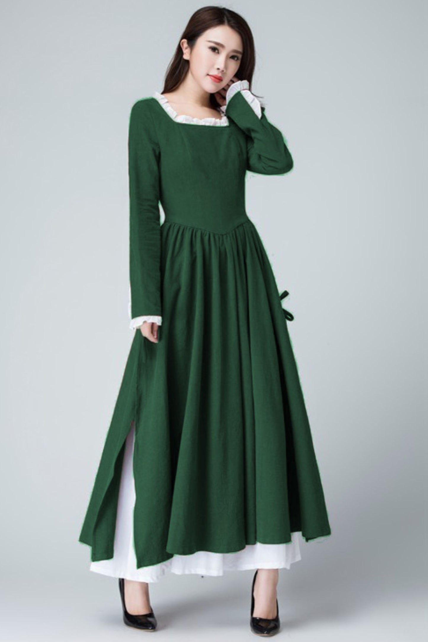 Xiaolizi Linen Maxi Dress – Vintage Green Fit and Flare Dress with chiffon hem 6317