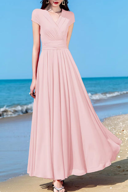 Blush Pink Chiffon Maxi Dress - V-Neck Swing Silhouette 5163