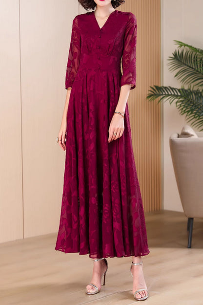 Burgundy maxi fit and flare long chiffon dress 5045