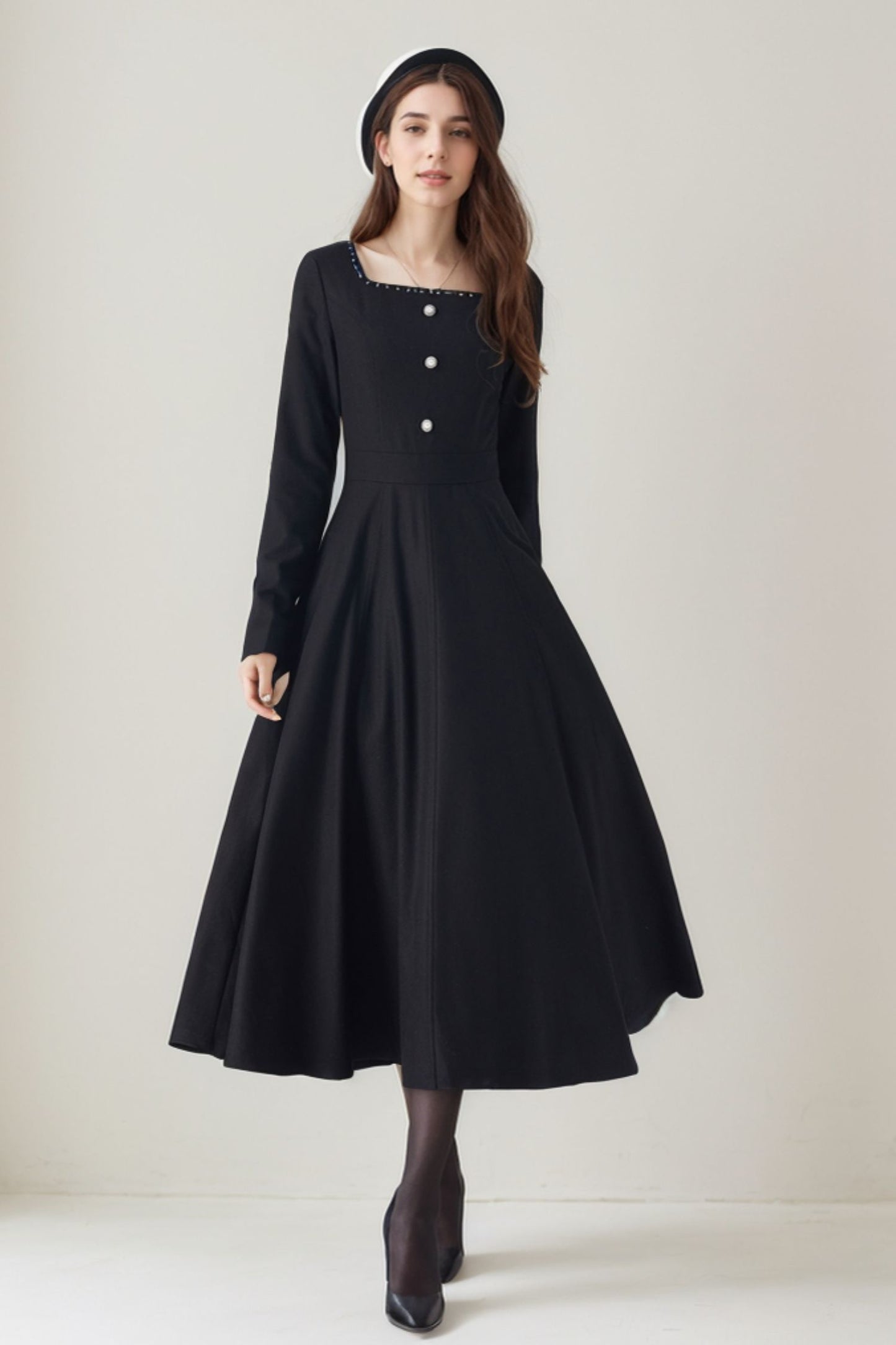 Long sleeves black midi wool dress 5246