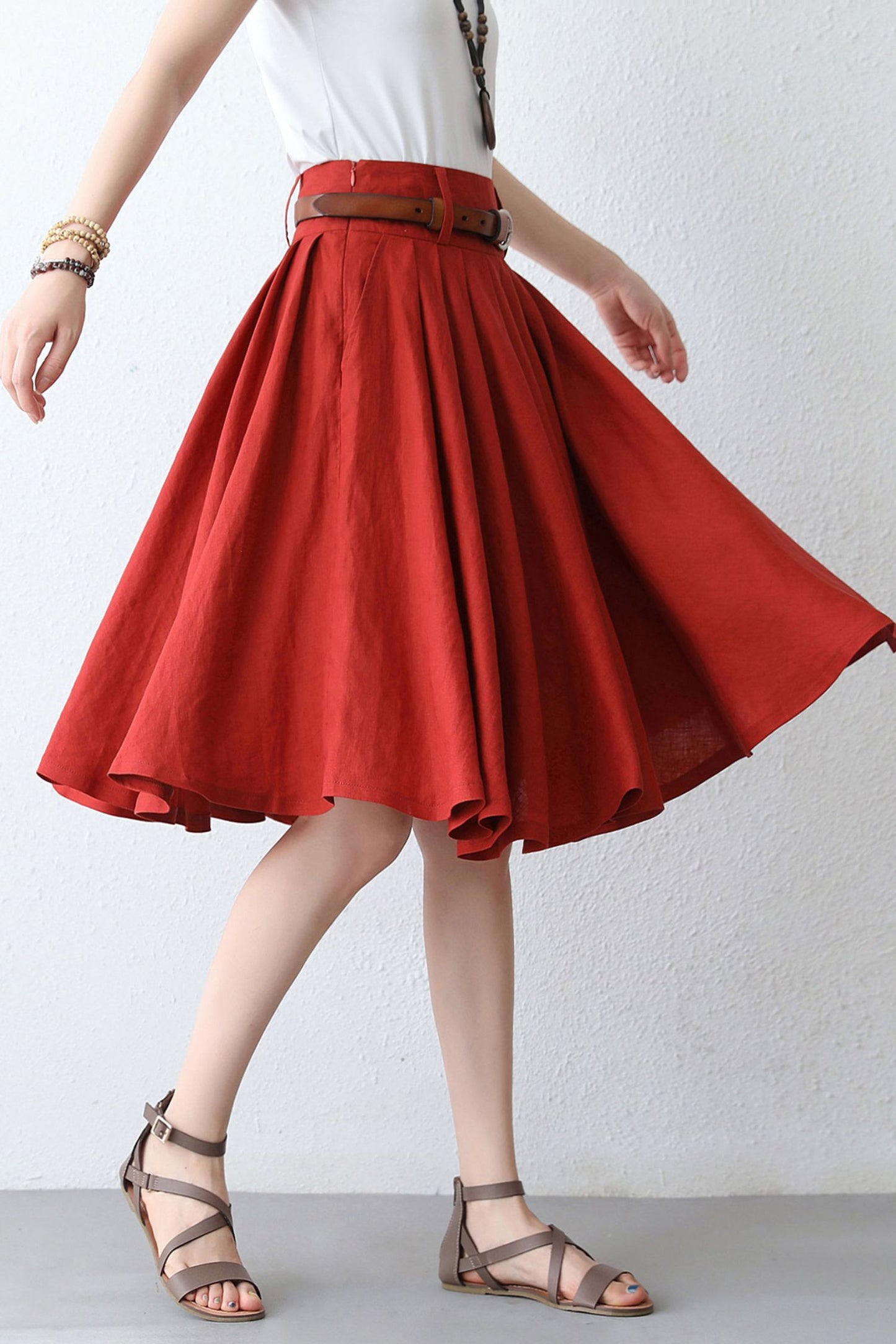 High waist pleated a line linen summer skirt 2889