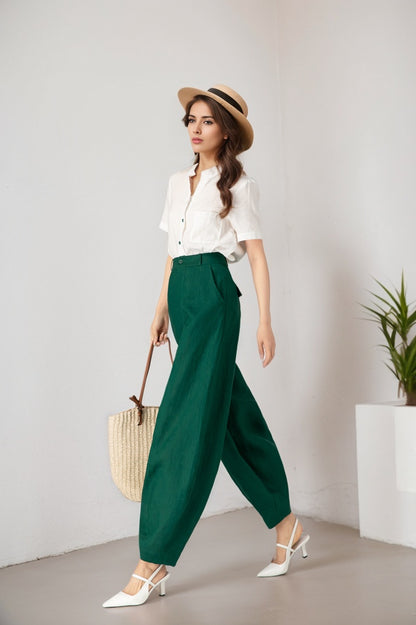 Green Linen Cotton Loose Wide Leg Pants - High Waist Relaxed Fit 5901