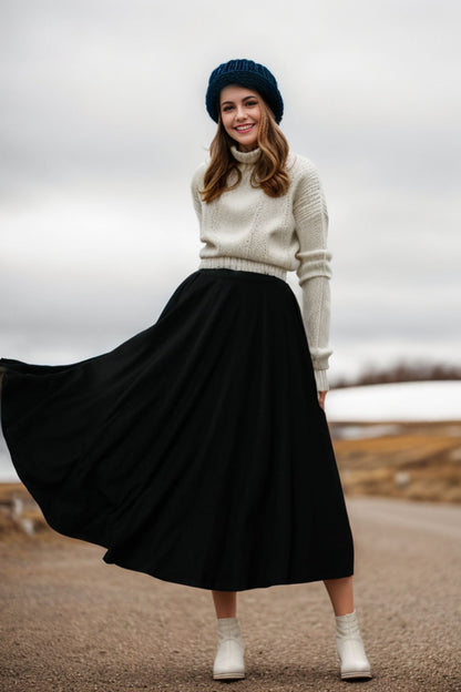 Army Green Wool Midi Skirt - Fit and Flare with Pockets 5186