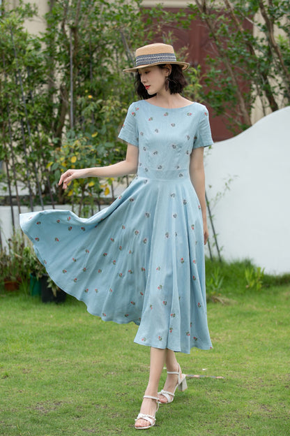 Blue Linen Cotton Fit and Flare Dress - Embroidered, Boat Neck 5204