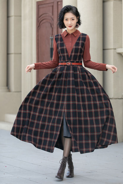 Fit and flare plaid pinafore wool dress women 5354
