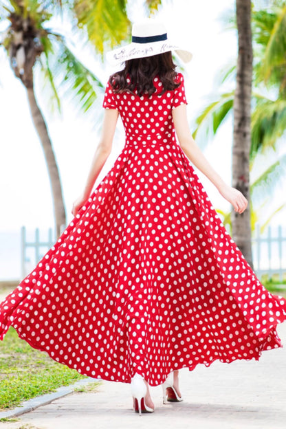 Red and white polka dot long chiffon dress 5157