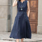 Casual sleeveless Navy linen midi dress 2593