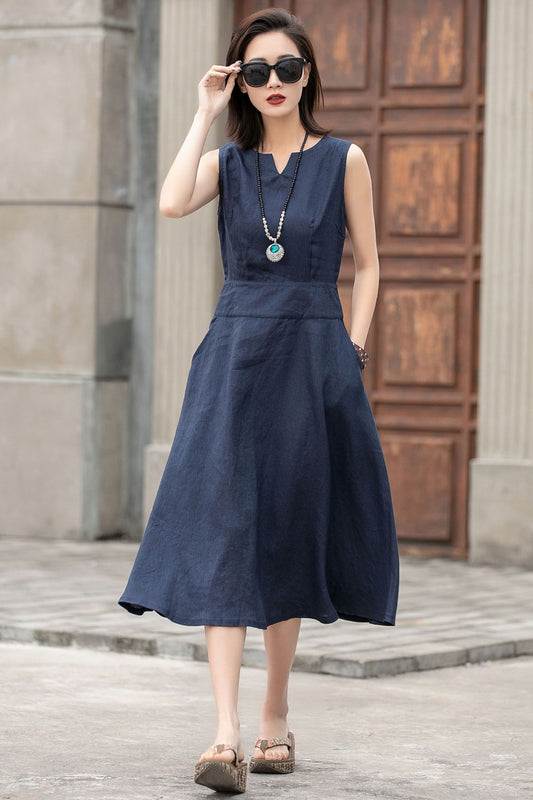 Navy Linen Midi Dress - Sleeveless V-Notch with Defined Waist 2593