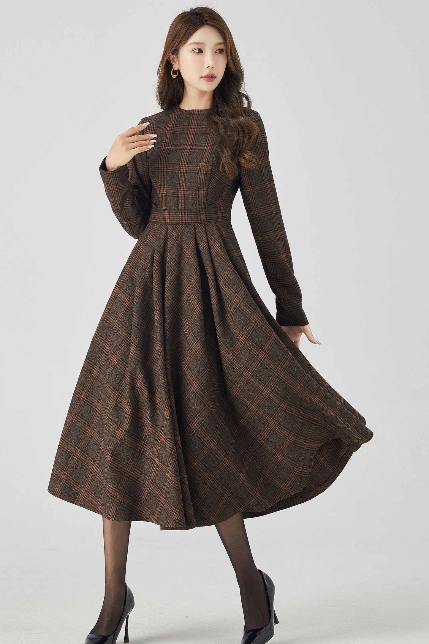 Long Sleeve Plaid Midi Wool Dress 4523