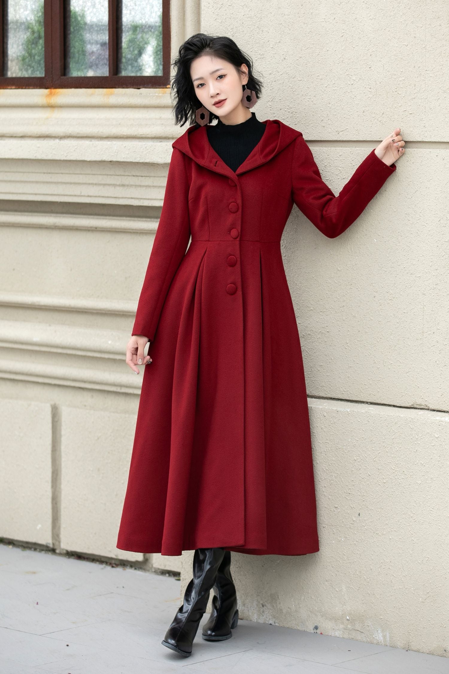Red Wool Blend Long Swing Coat with Hooded Neckline Red / Custom order