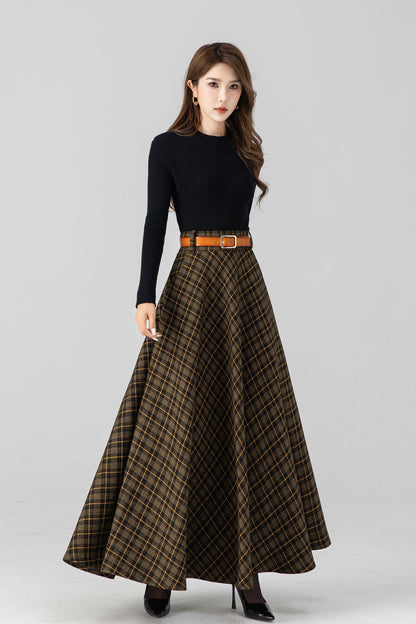 Handmade Brown Plaid Wool Maxi Skirt – High Waist Pleated Winter Long Skirt | Xiaolizi 4666