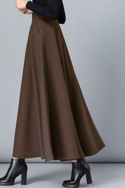 Brown a line maxi wool skirt women 6209
