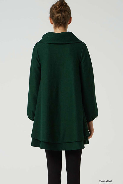 Artisan Wool Tunic Dress – Dark Green with Cowl Neck & Layered Hem – 2065
