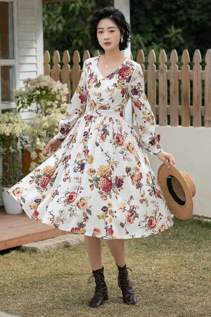 Xiaolizi Floral Linen Midi Dress – Vintage V Neck Swing 6692