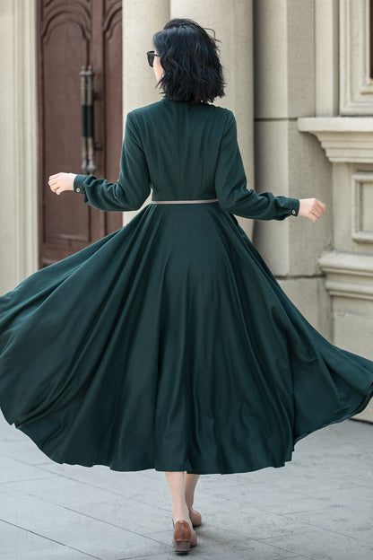 Dark Green Wool Maxi Dress - Long Sleeve, Flowy Winter Style 5314