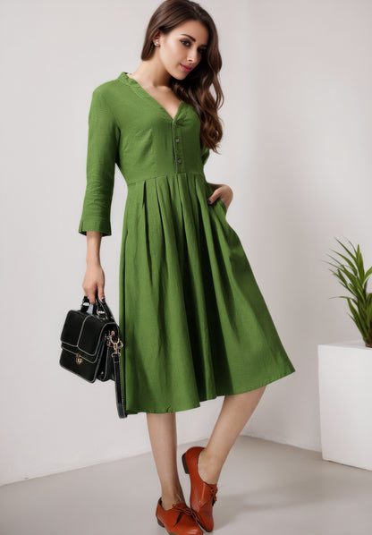 Brown Linen Blend Midi Dress - V-Neck, Button-Up, Relaxed Fit 5600