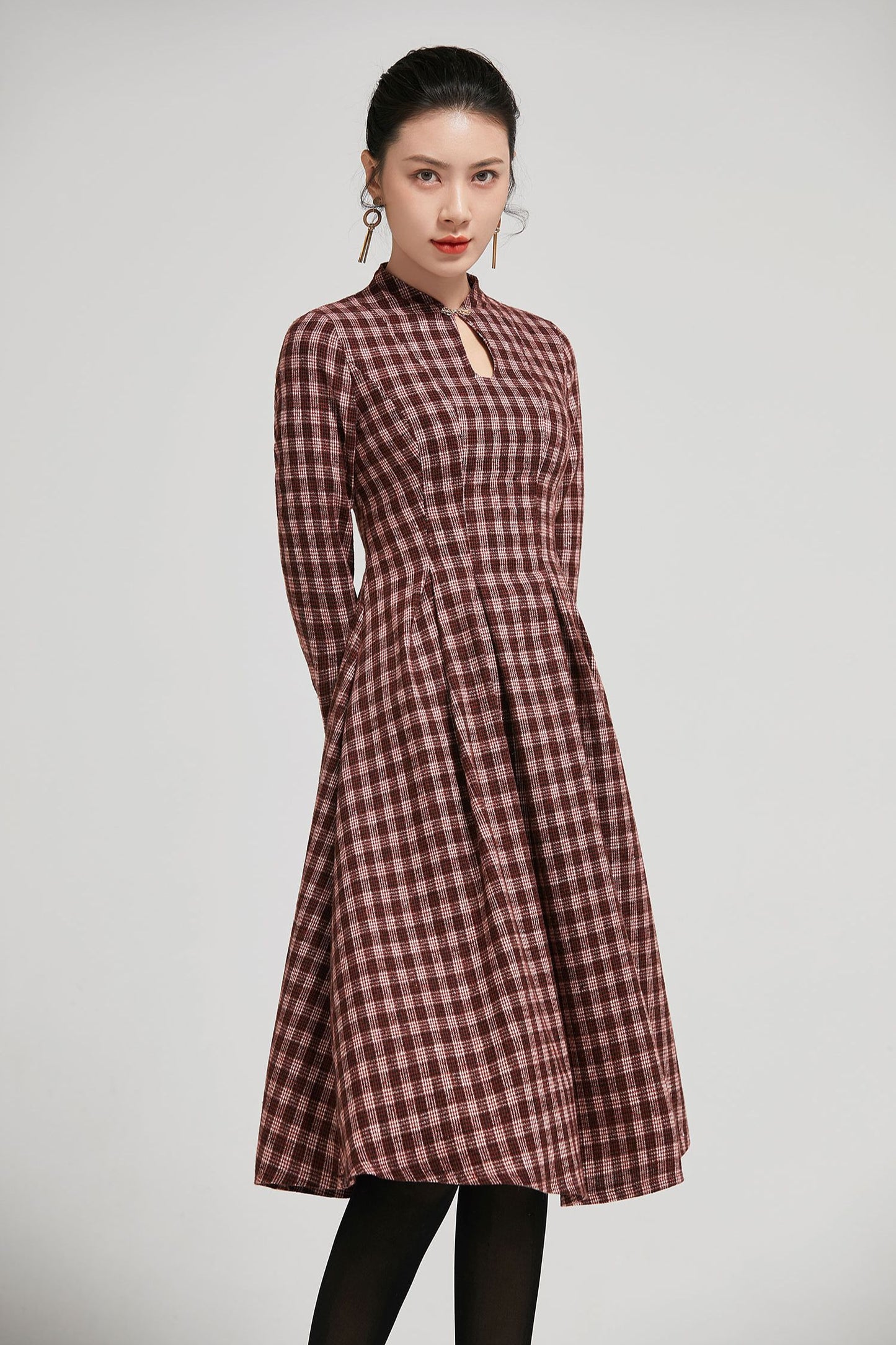 Mandarin collar plaid winter wool dress women 2295