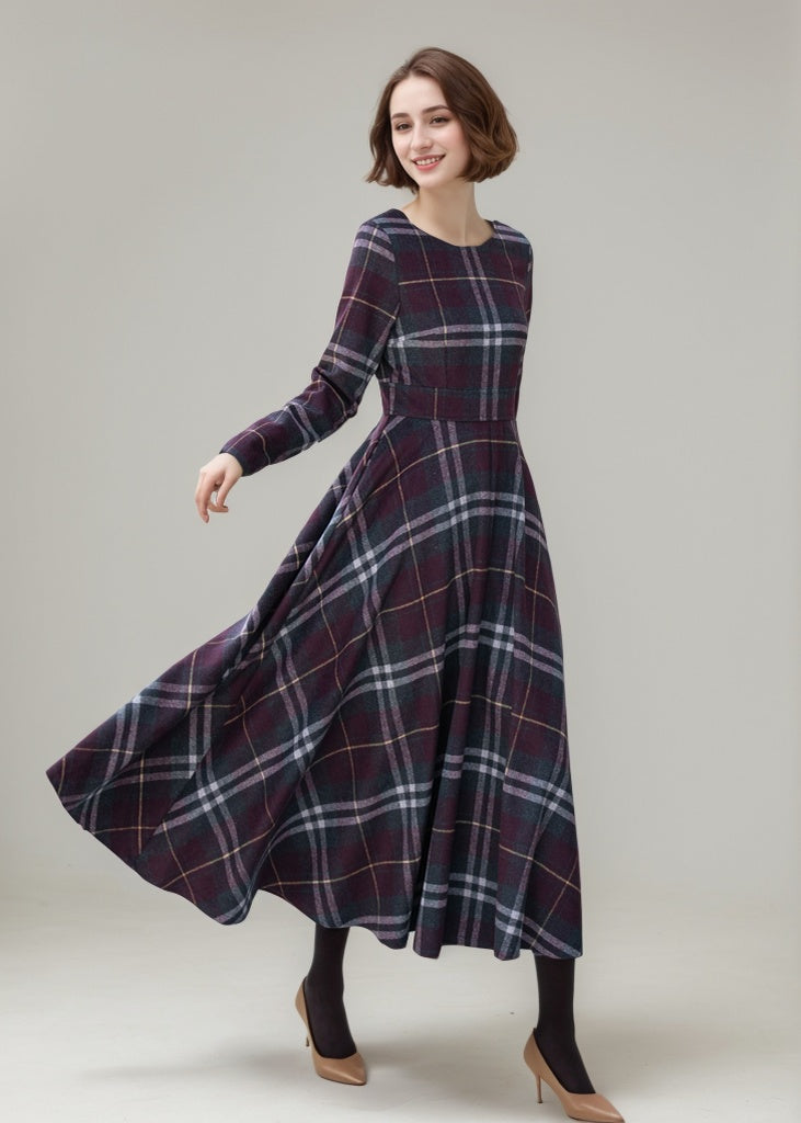 Handmade Swing plaid midi wool dress women 5308