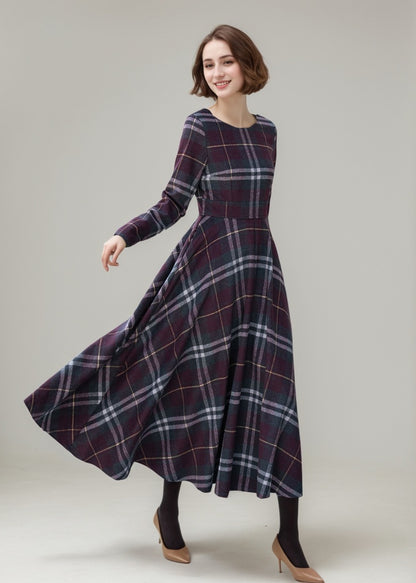 Women’s Wine Red Plaid Wool Midi Dress – Handmade Retro Fit and Flare | Xiaolizi 5308